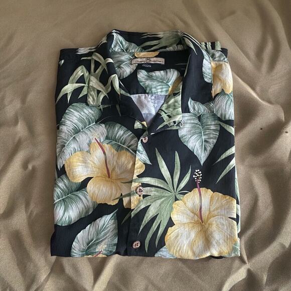 Tommy Bahama Hawaiian Shirt Silk Hibiscus Flowers Fronds XL Black Green Aloha - Picture 3 of 7